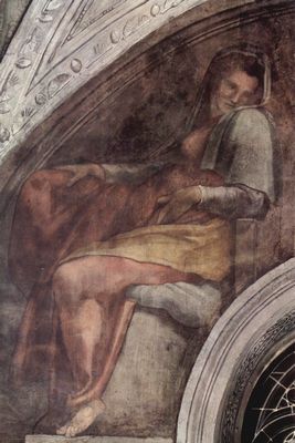 Michelangelo Buonarroti: Deckenfresko zur Schpfungsgeschichte in der Sixtinischen Kapelle, Szene in Lnette: Vorfahrin Christi