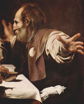 Michelangelo Caravaggio: Christus in Emmaus, Detail: Jnger Christi, Hl. Jacobus der ltere