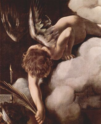 Michelangelo Caravaggio: Gemlde der Contarelli-Kapelle in San Luigi di Francesi in Rom, Szene:  Martyrium des Hl. Matthus, Detail: Engel reicht Hl. Matthus den Martyrerzweig
