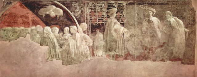 Paolo Uccello: Alttestamentarischer Freskenzyklus zur Genesis im Kreuzgang von Santa Maria Novella in Florenz, Szene: Dankopfer, Trunkenheit und Schande Noahs