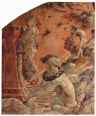 Paolo Uccello: Alttestamentarischer Freskenzyklus zur Genesis im Kreuzgang von Santa Maria Novella in Florenz, Szene Lnette: Sintflut und die Arche auf den Fluten schwimmend, Detail