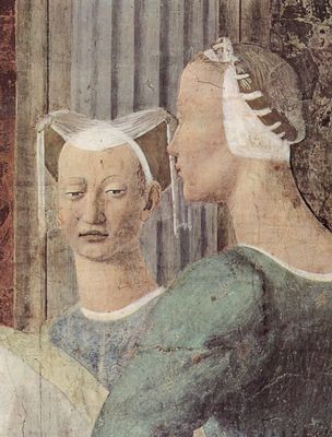 Piero della Francesca: Freskenzyklus der Legende vom Heiligen Kreuz im Chor von San Francesco in Arezzo, Szene: Besuch der Knigin von Saba bei Salomo, Detail: Damen aus dem Gefolge der Knigin