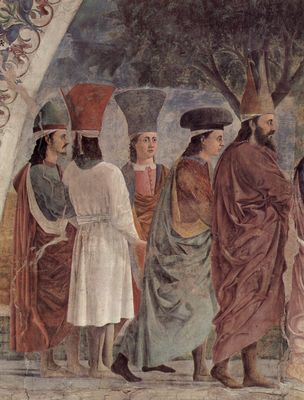 Piero della Francesca: Freskenzyklus der Legende vom Heiligen Kreuz im Chor von San Francesco in Arezzo, Szene: Lobpreisung des Heiligen Kreuzes nach dessen Rckfhrung nach Jerusalem durch Kaiser Heraklius, Detail: Gefol
