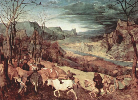 Pieter Bruegel d. Ä.: Zyklus der Monatsbilder, Szene: Heimkehr der Herde (Monat Oktober oder November)
