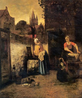 Pieter de Hooch: Zwei Frauen mit einem Kind im Hof