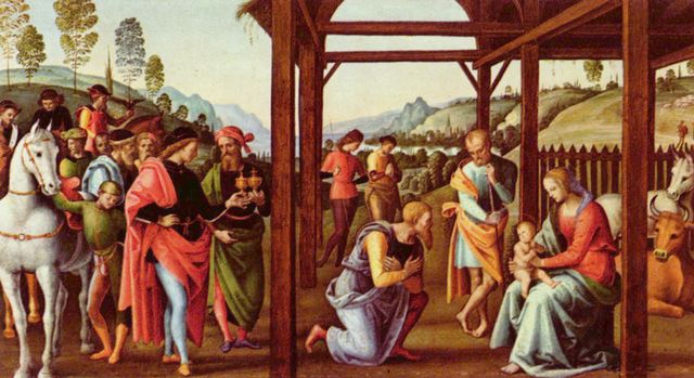 Pietro Perugino: Altarpolyptychon, Predellatafel, Szene: Anbetung der Heiligen Drei Knige