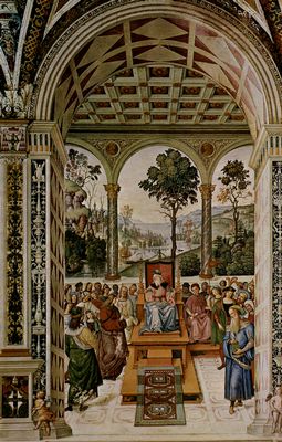 Pintoricchio: Freskenzyklus zu Leben und Taten des Enea Silvio Piccolomini, Papst Pius II. in der Dombibliothek zu Siena, Szene: E. S. Piccolomini als Botschafter in Schottland