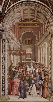 Pintoricchio: Freskenzyklus zu Leben und Taten des Enea Silvio Piccolomini, Papst Pius II. in der Dombibliothek zu Siena, Szene: E. S. Piccolomini wird mit dem Namen Pius II. zum Papst ernannt