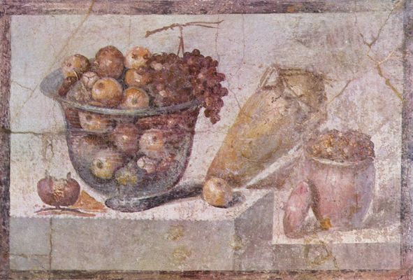 Pompejanischer Maler um 70: Stilleben mit Früchtekorb und Vasen
