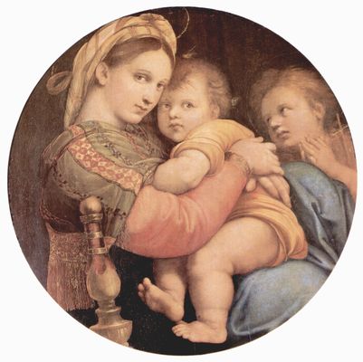 Raffael: Madonna della Seggiola, Szene: Maria mit Christuskind und Johannes dem Tufer, Tondo