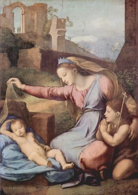 Raffael: Maria und Johannes der Tufer beten das schlafende Christuskind an (Madonna mit der Krone)