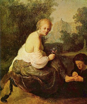 Rembrandt Harmensz. van Rijn: Junge Frau, welcher eine Alte die Fungel schneidet