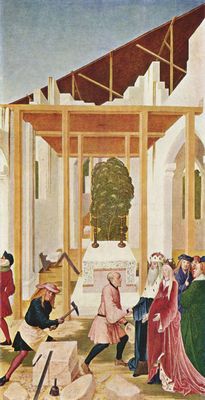Rueland Frueauf d. J.: Leopold-Altar, Flgelbild: Erbauung der Stiftskirche