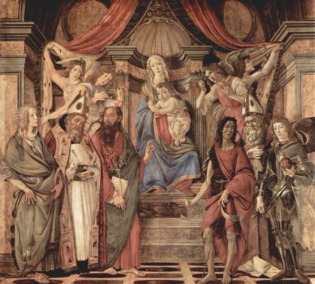 Sandro Botticelli: Altarretabel, Haupttafel: Thronende Madonna, vier Engel und Heilige, von links: Katharina von Alexandrien, Augustinus, Barnabas, Johannes d. Tufer, Ignazius und Erzengel Michael