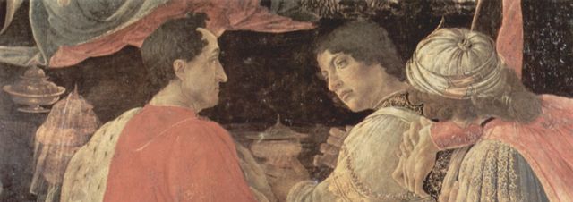 Sandro Botticelli: Zanobi-Altar, Anbetung der Heiligen Drei Knige, Detail: von links: Piero und Giovanni de' Medici