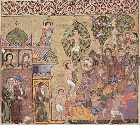 Syrischer Maler um 1220: Kollektenbuch der Evangelien der syrischen Jakobitenkirche, Szene: Einzug Christi in Jerusalem