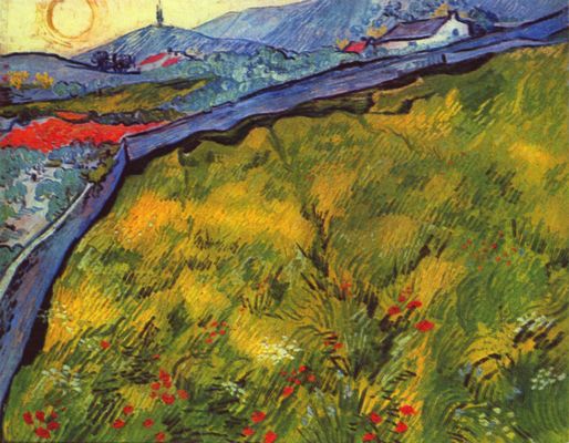 Vincent Willem van Gogh: Berglandschaft bei Sonnenaufgang mit eingezunter Wiese