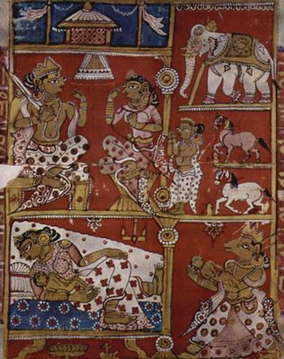 Westindischer Maler von 1439: Kalpastra-Manuskript, Szene: Die bertragung des Embryo