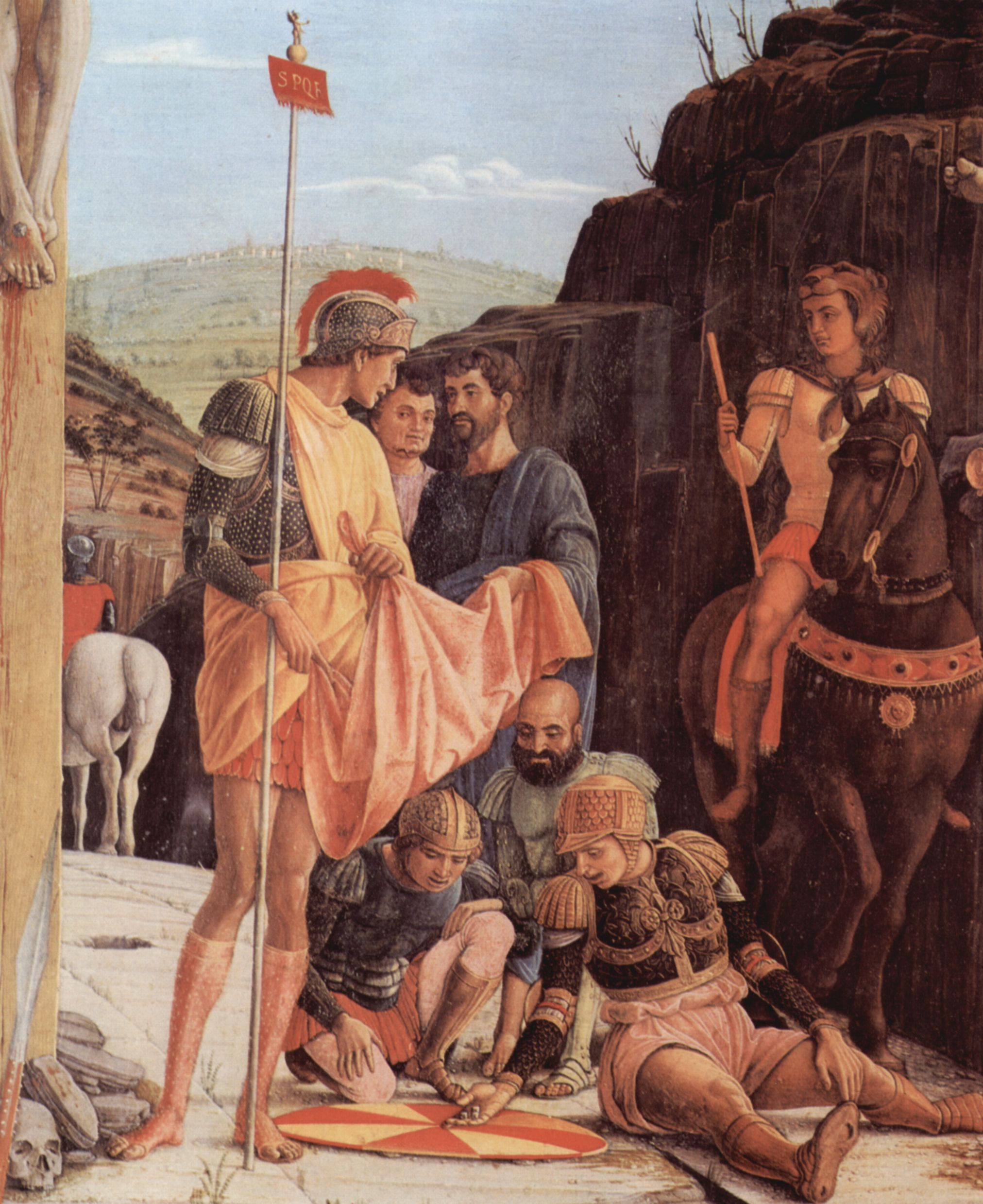 Andrea Mantegna: Altarretabel von San Zeno in Verona, Triptychon, mittlere Predellatafel, Szene: Kreuzigung, Detail: Soldaten