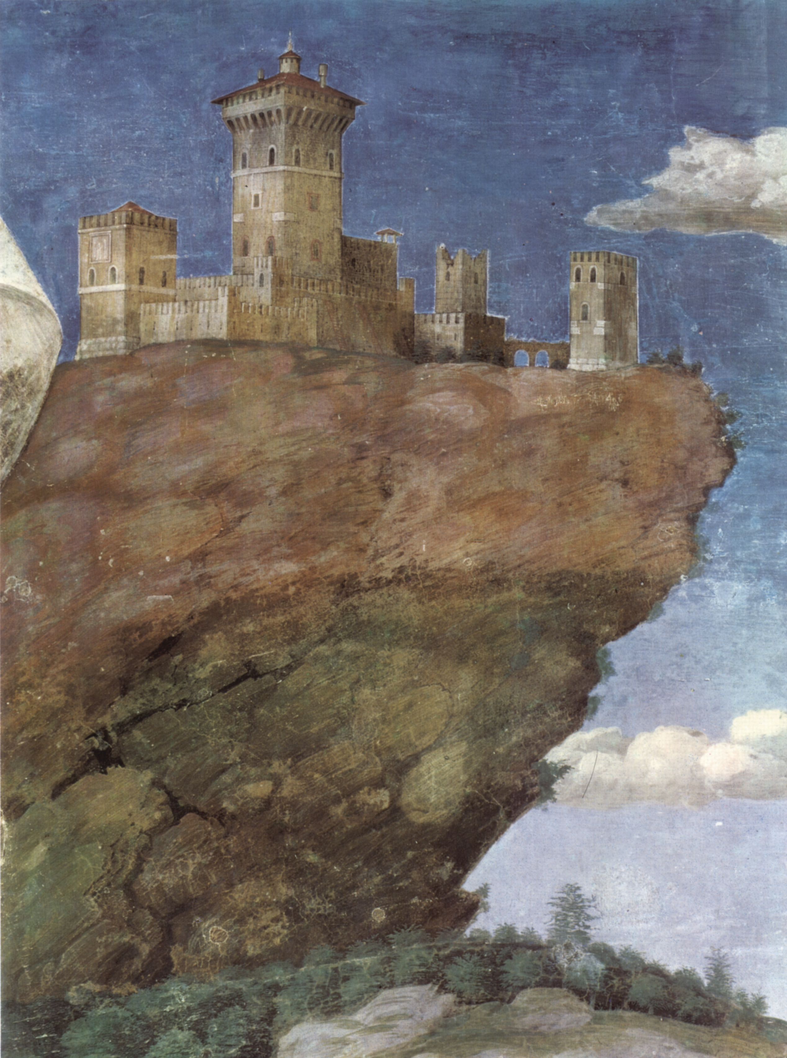 Andrea Mantegna: Freskenzyklus in der Camera degli Sposi im Palazzo Duccale in Mantua, Szene: Wartende Reitknechte, Detail: Landschaft