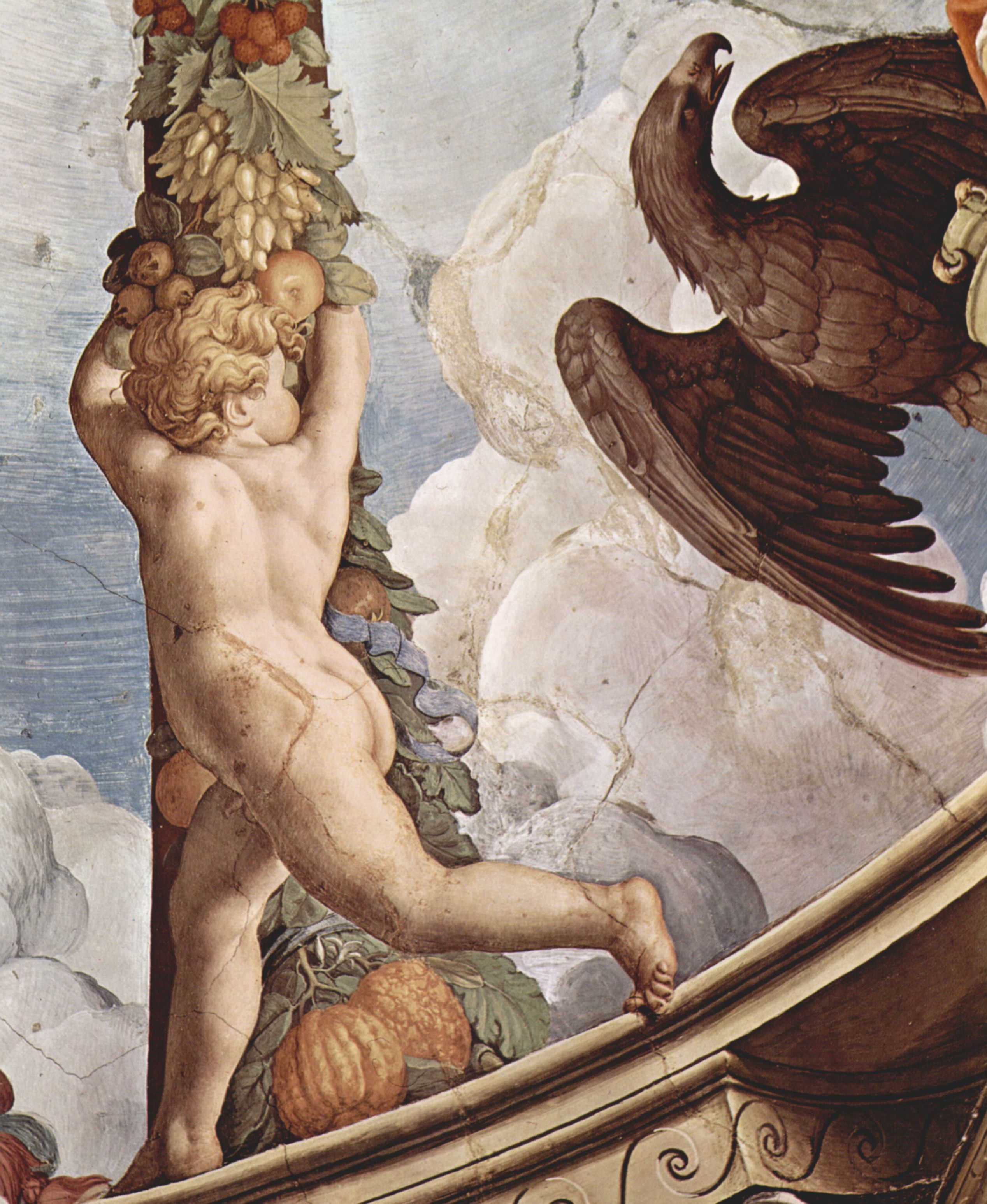 Angelo Bronzino: Fresken der Kapelle der Eleonora da Toledo im Palazzo Vecchio in Florenz, Deckenfresko, Detail: Girlande mit Engel