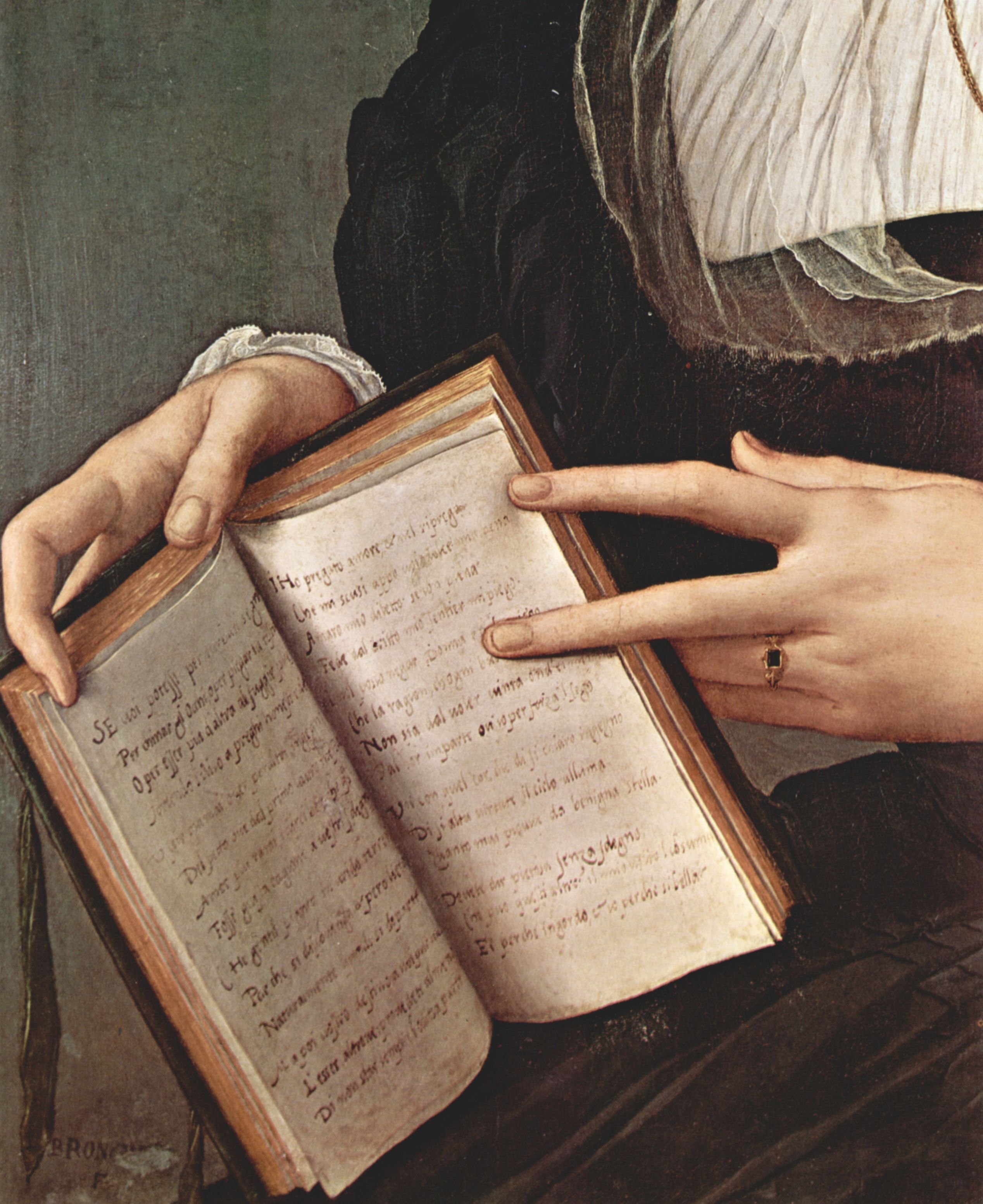 Angelo Bronzino: Portrt der Laura Battiferri, Detail: Buch (Sonette des Petrarca)