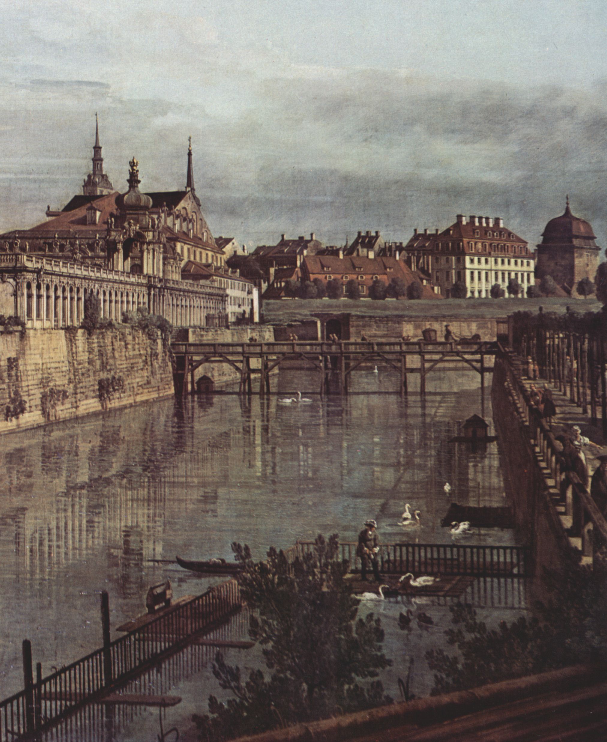 Canaletto (I): Ansicht von Dresden, Der alte Wassergraben des Zwingers, von der Orangerie Richtung Stadt aus gesehen, Detail