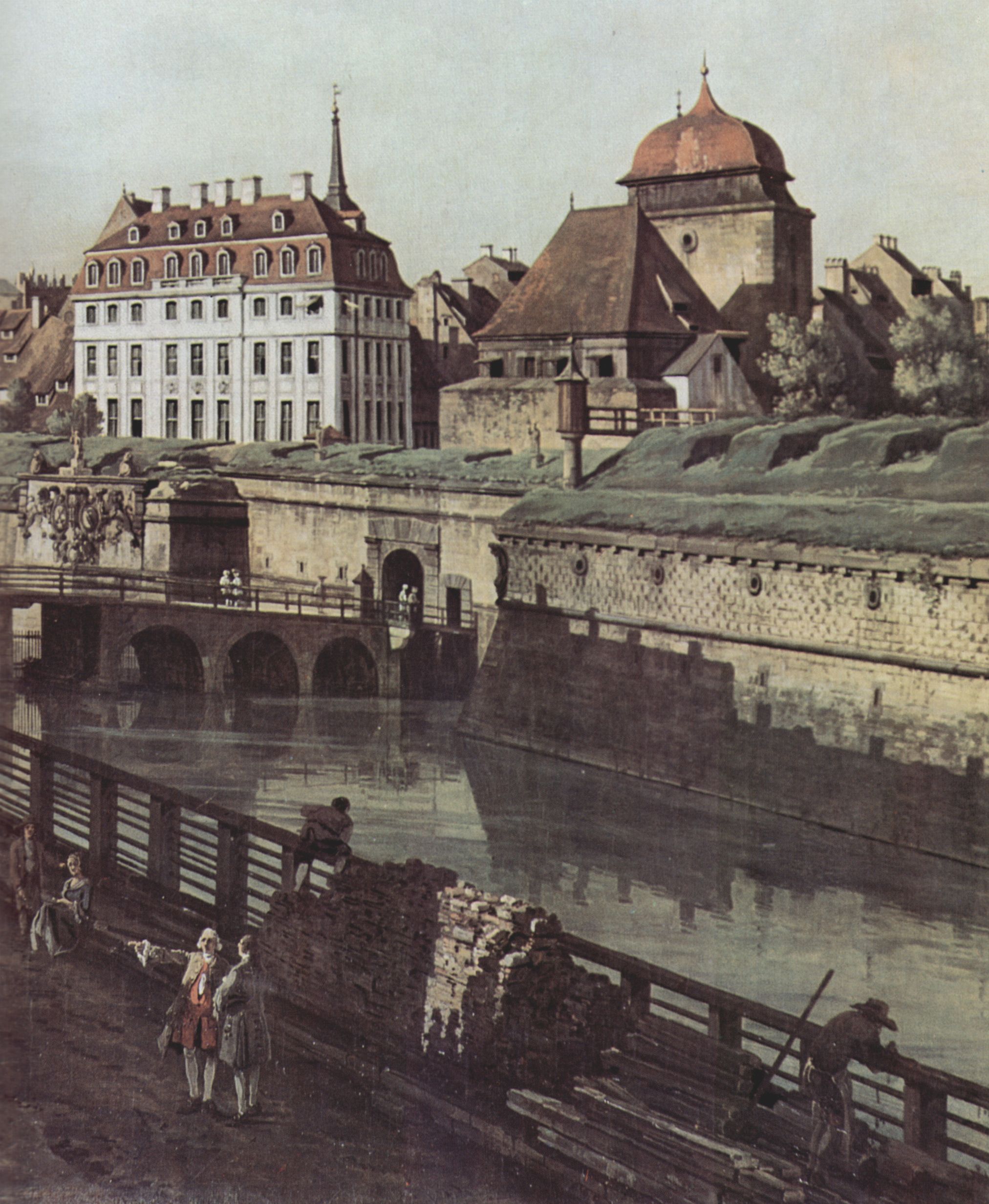 Canaletto (I): Ansicht von Dresden, Die Festungswerke in Dresden, Festungsgraben mit Brcke zwischen Wilschen Tor und Postmeilensule, Detail