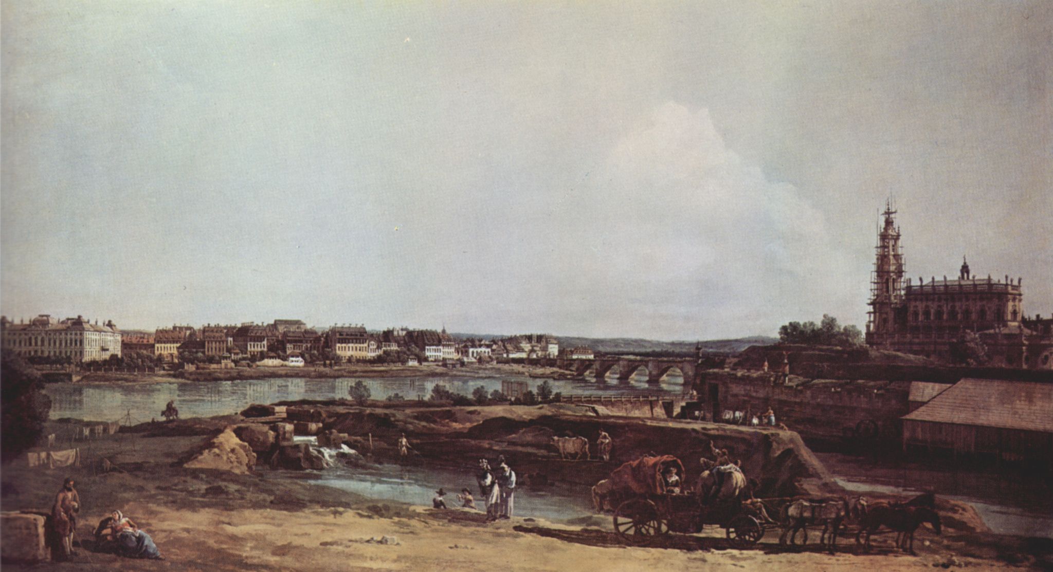 Canaletto (I): Ansicht von Dresden vom linken Elbufer, Die Bastion Sol mit Augustusbrcke und der Hofkirche