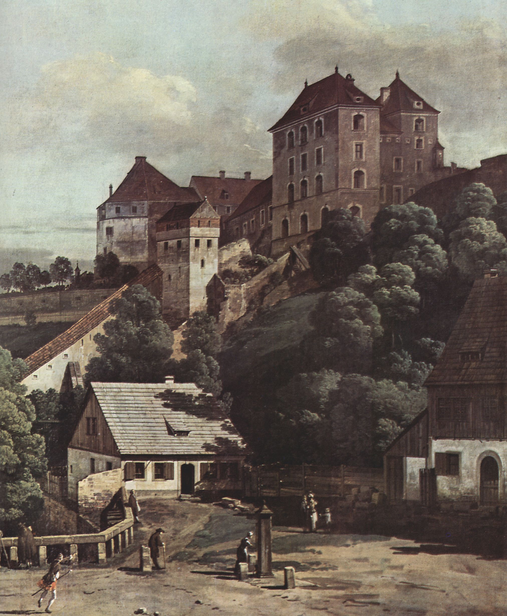 Canaletto (I): Ansicht von Pirna, Pirna von der Sdseite aus gesehen, mit Befestigungsanlagen und Obertor (Stadttor) sowie Festung Sonnenstein, Detail