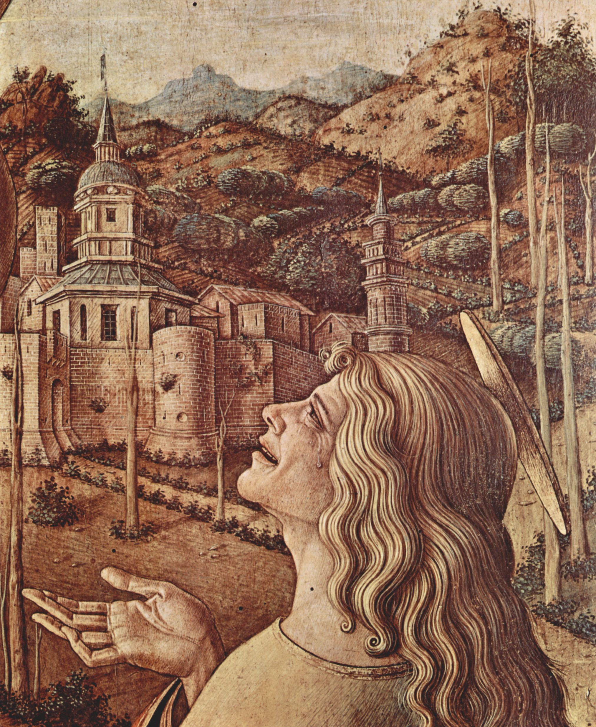 Carlo Crivelli: Altar aus dem Dom von Camerino, Szene: Kreuzigung, Detail: Weinender Hl. Johannes