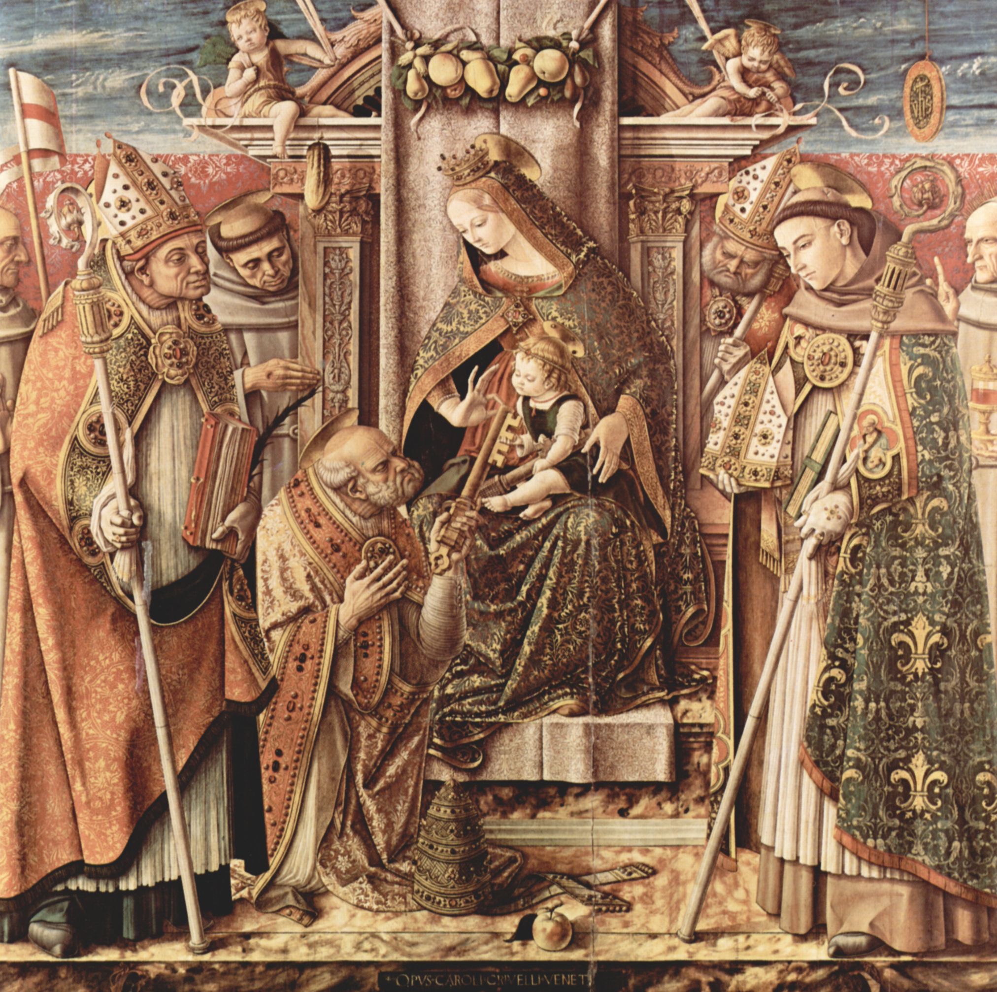 Carlo Crivelli: Die bergabe des Schlssels, Szene: Thronendende Madonna mit Christuskind, welches Hl. Petrus den Schlssel bergibt