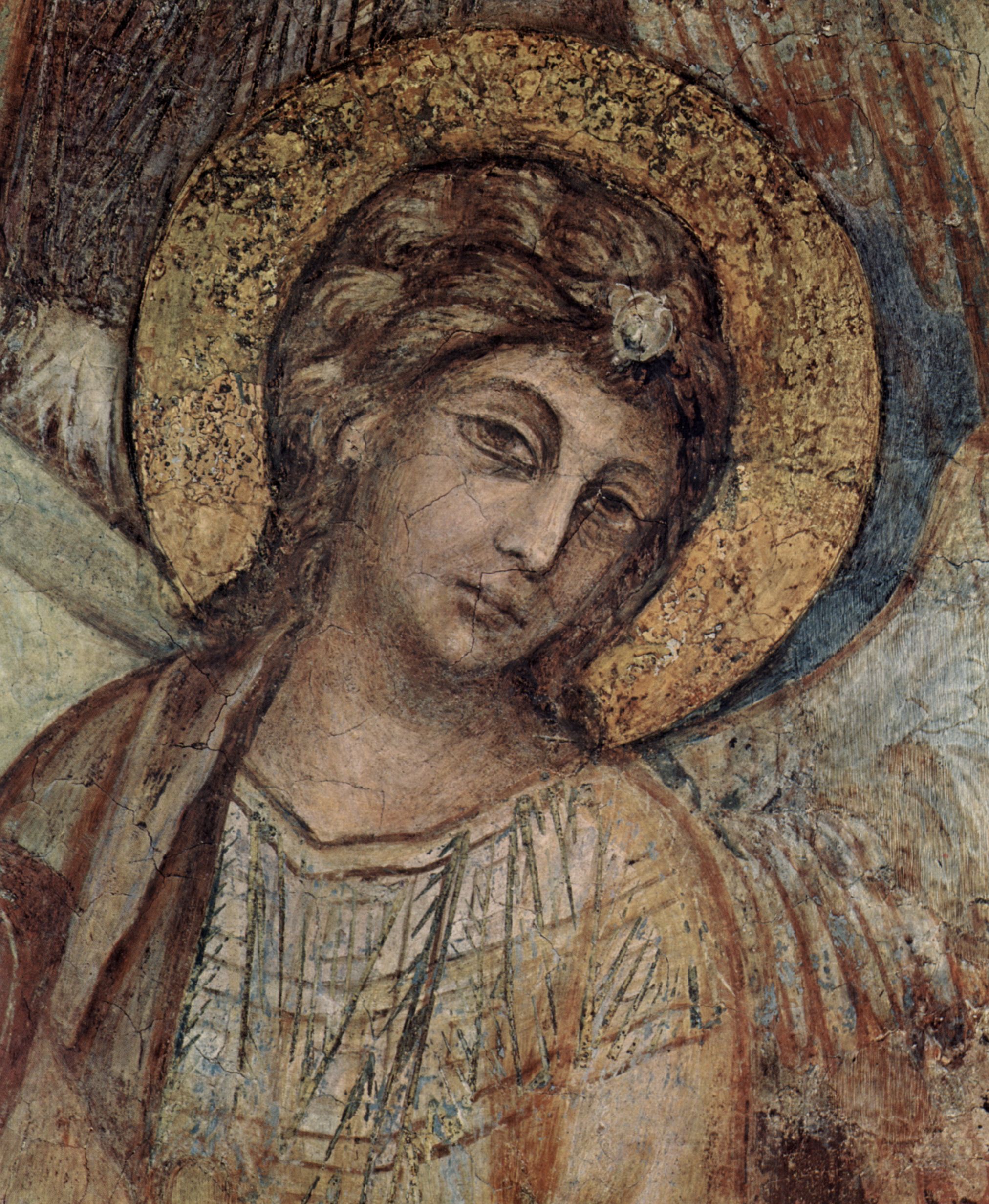 Cimabue: Fresken in der Unterkirche San Francesco in Assisi, rechtes Querschiff, Szene: Thronende Madonna, vier Engel und Hl. Franziskus, Detail