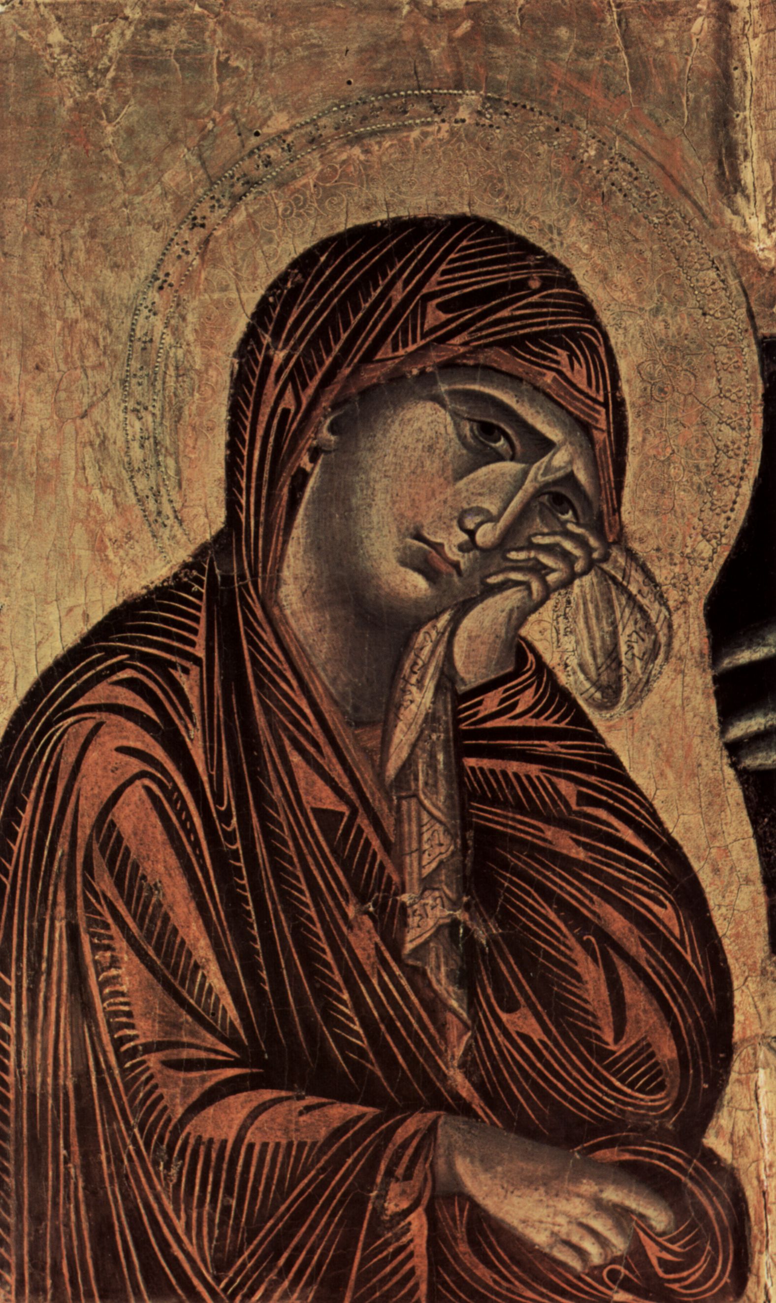 Cimabue: Kreuzigung, Tondo: Segnender Christus, Kreuzarme: Maria und Johannes, Detail: Maria