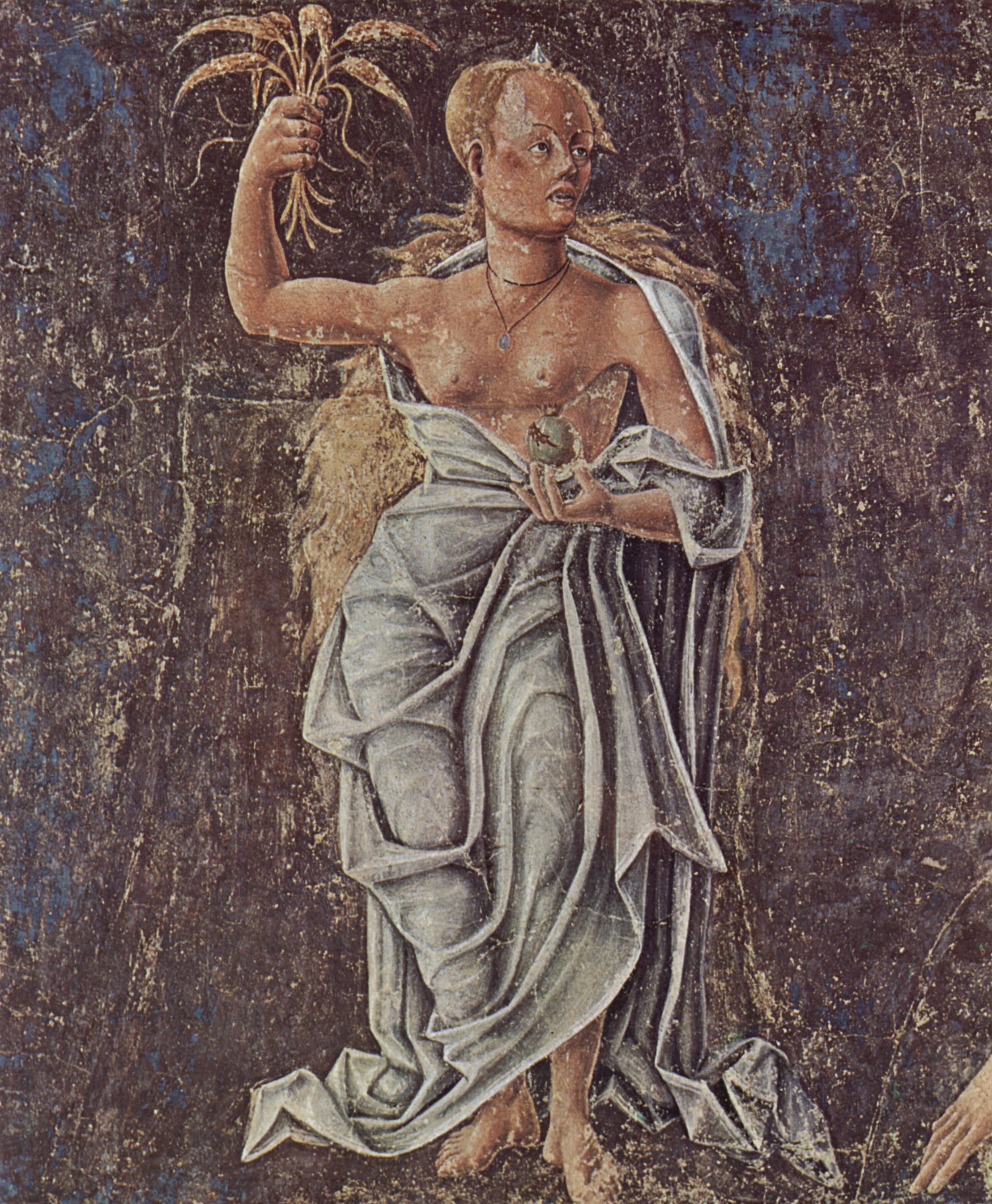 Cosm Tura: Fresken mit Monatsdarstellungen im Palazzo Schifanoia, Szene: August-Triumphzug der Demeter, Detail: Allegorie des Segens