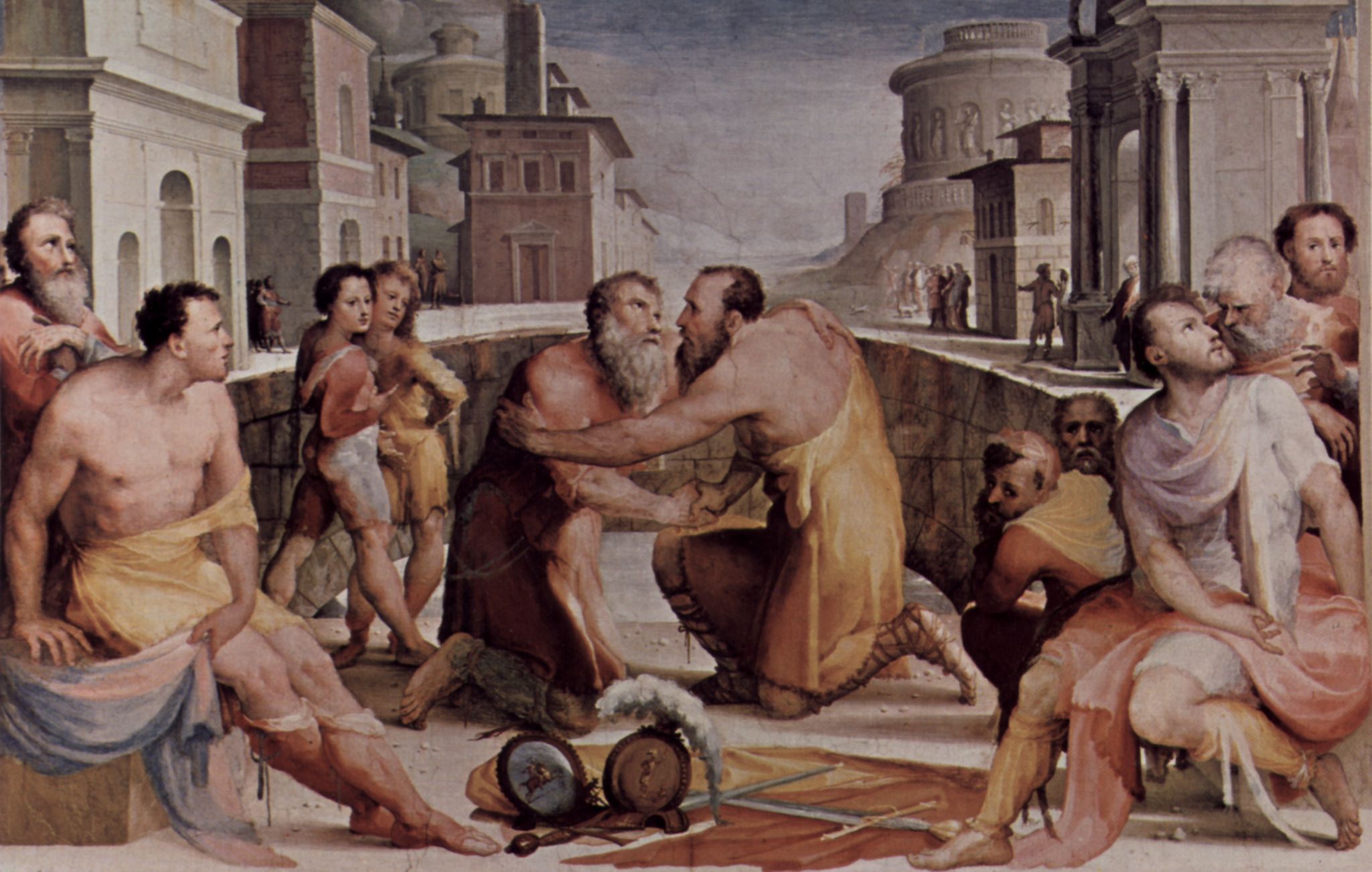 Domenico Beccafumi: Allegorischer Freskenzyklus (Politische Tugenden) aus dem Plazzo Pubblico in Siena, Szene: Die Vershnung des Emilius Leidus mit Flavius Flaccus