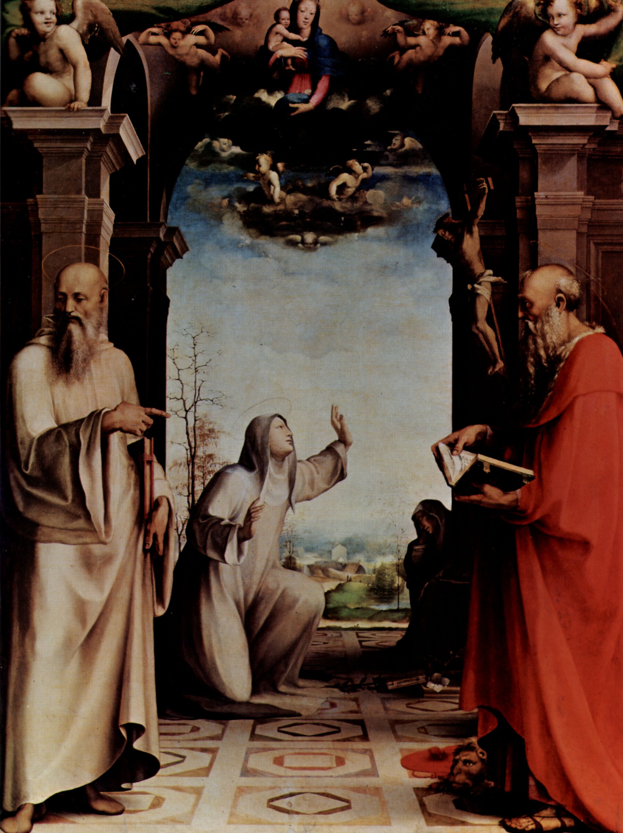 Domenico Beccafumi: Die Hl. Katharina empfngt die Wundmale, mit Hl. Benedikt und Hl. Hieronymus, Altarretabel
