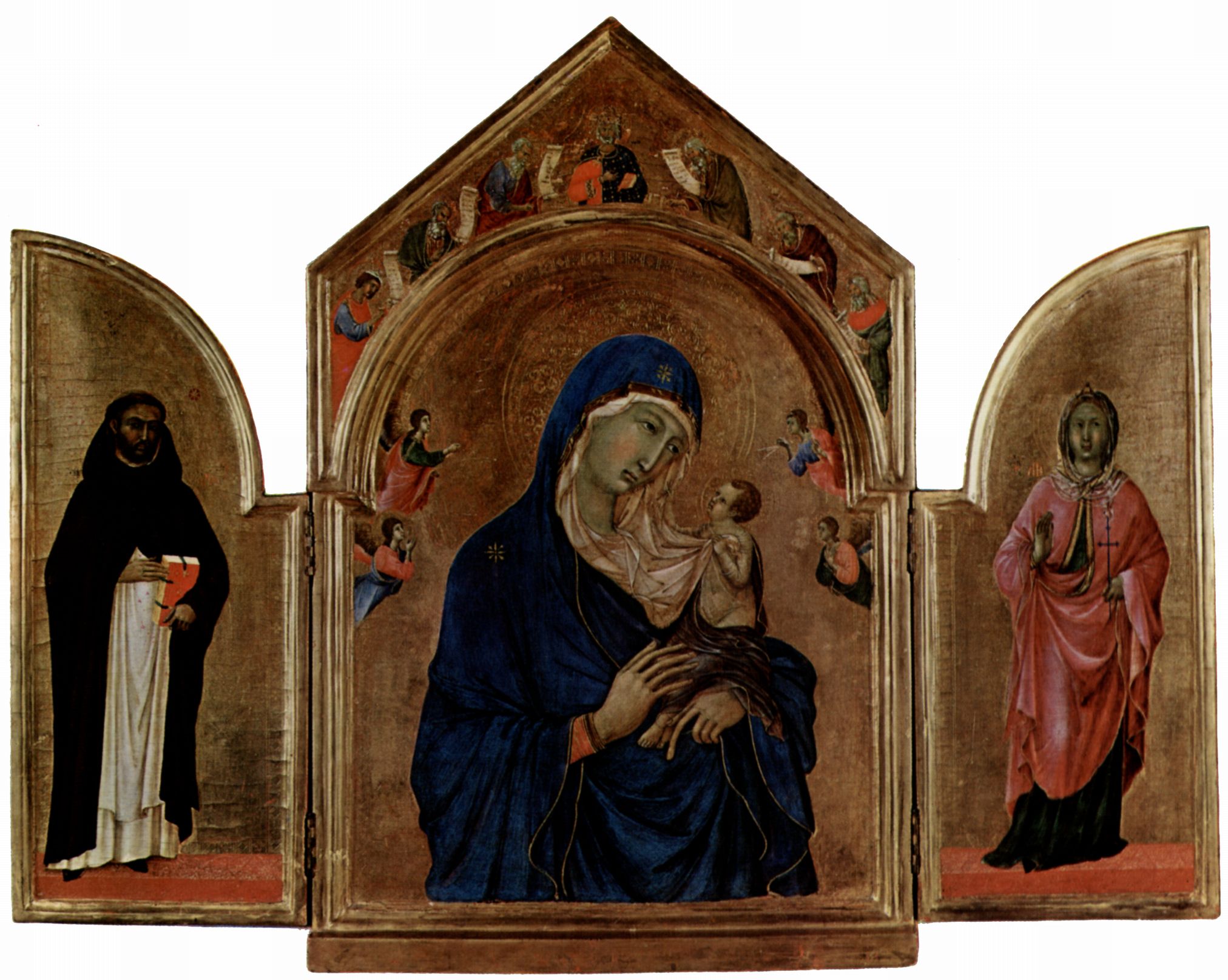 Duccio di Buoninsegna: Londoner Triptychon, Haupttafel: Madonna mit Engeln und Propheten im Giebelfeld, linker Flgel: Hl. Dominikus, rechter Flgel: Hl. Agnes