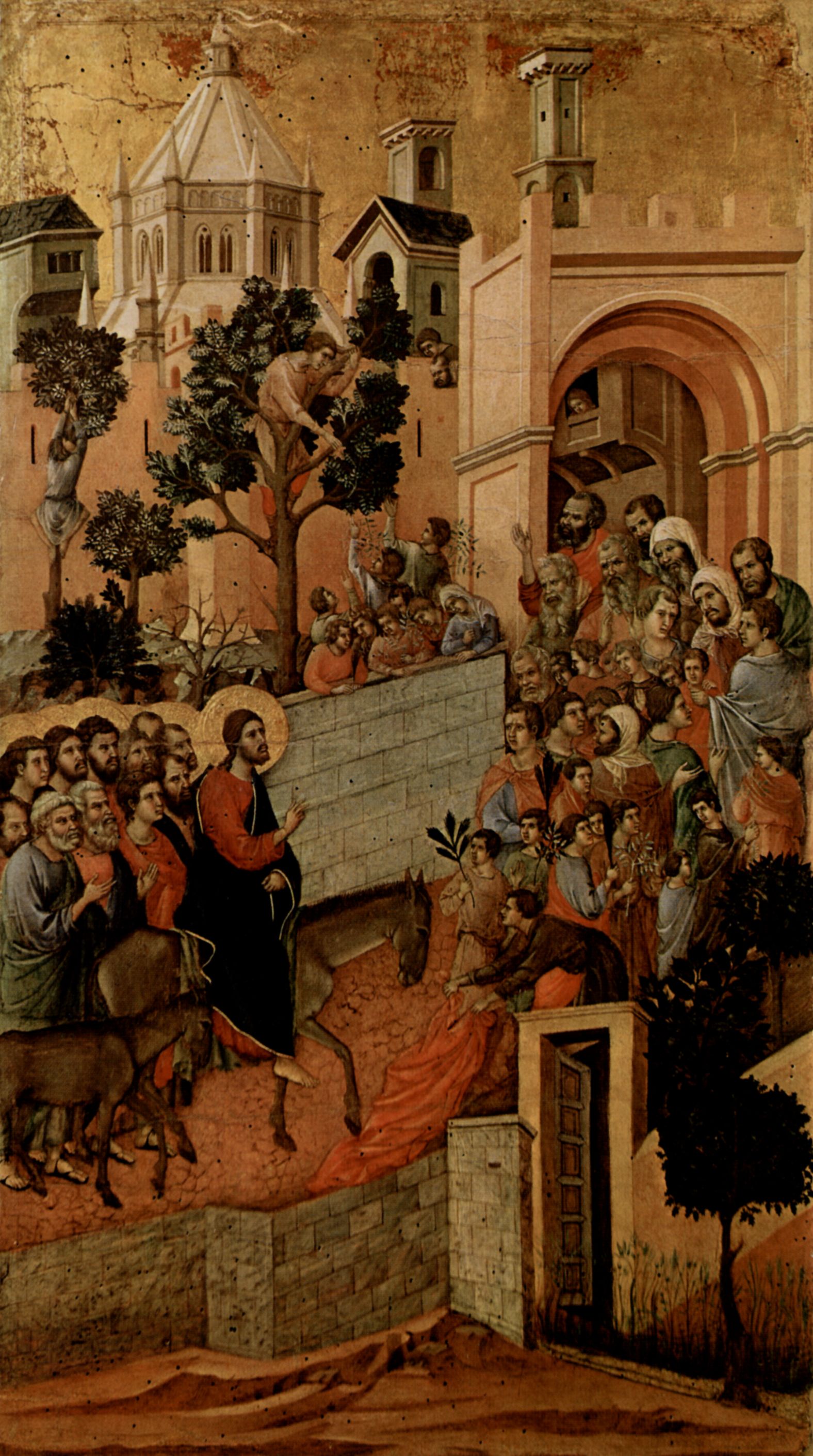 Duccio di Buoninsegna: Maest, Altarretabel des Sieneser Doms, Rckseite, Hauptregister mit Szenen zu Christi Passion, Szene: Einzug Christi in Jerusalem