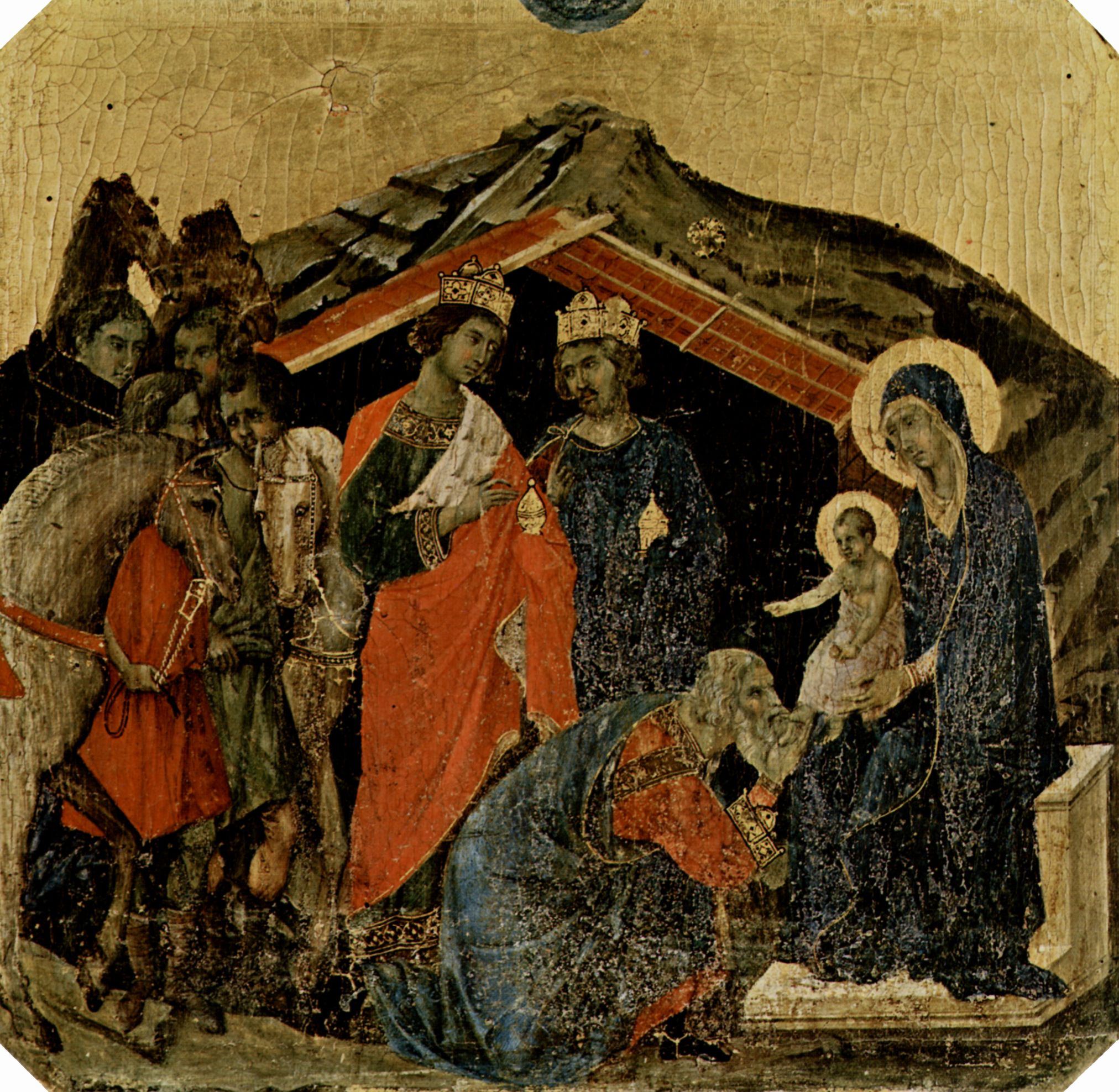 Duccio di Buoninsegna: Maest, Altarretabel des Sieneser Doms, Vorderseite, Predella mit Szenen aus der Kindheit Jesu und Propheten, Szene: Anbetung der Heiligen Drei Knige
