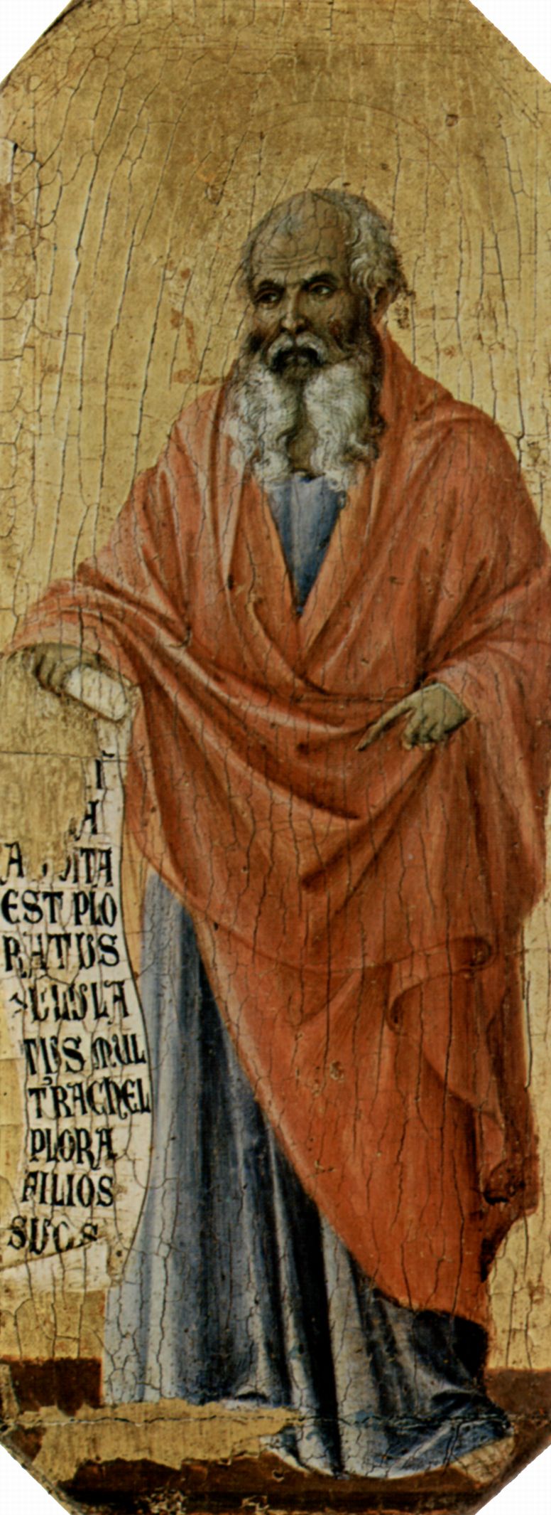 Duccio di Buoninsegna: Maest, Altarretabel des Sieneser Doms, Vorderseite, Predella mit Szenen aus der Kindheit Jesu und Propheten, Szene: Prophet Jeremias