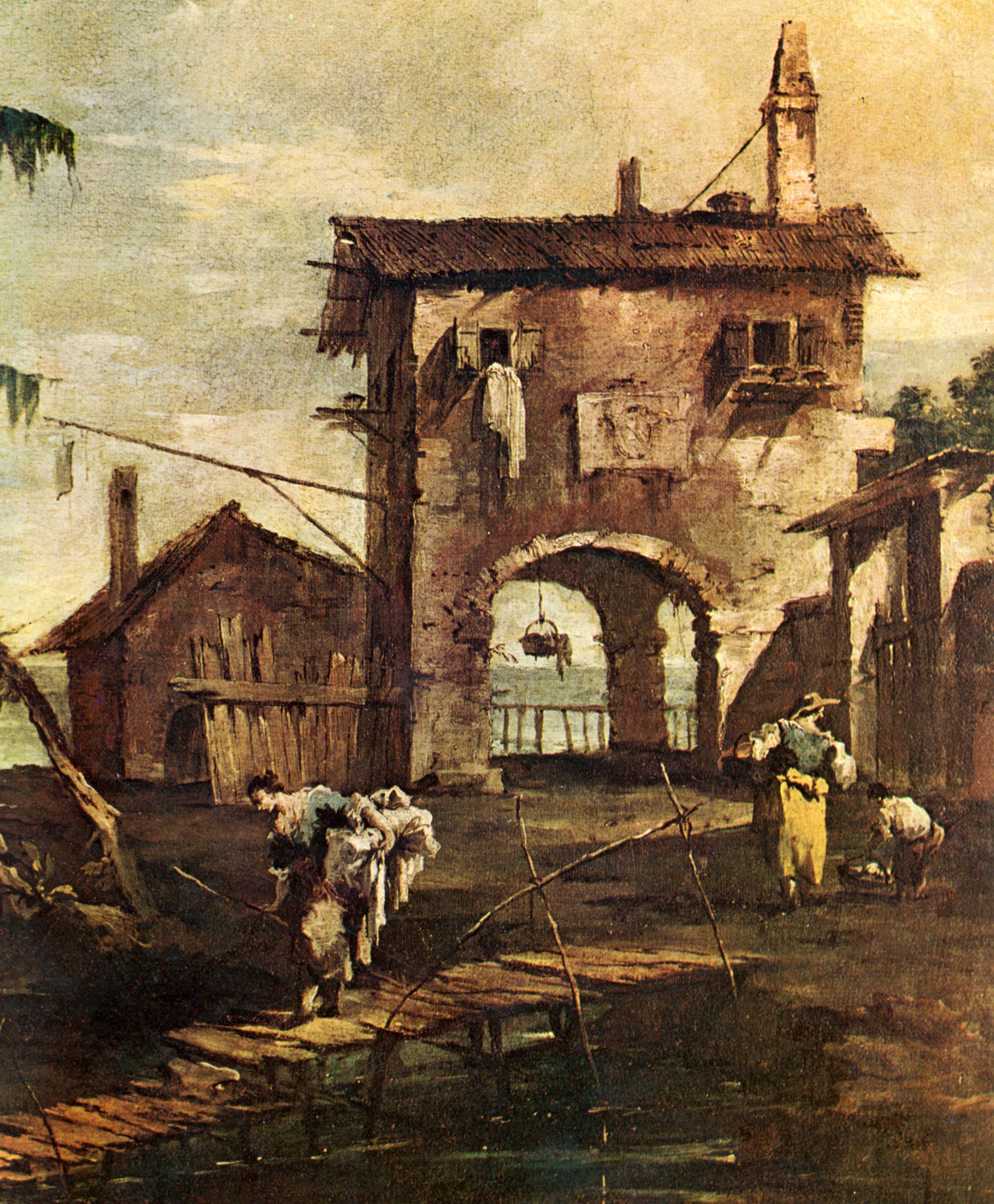 Francesco Guardi: Capriccio, Szene: Baufllige Kirche, Bauernhaus und Figuren an einem Flu der Lagune, Detail