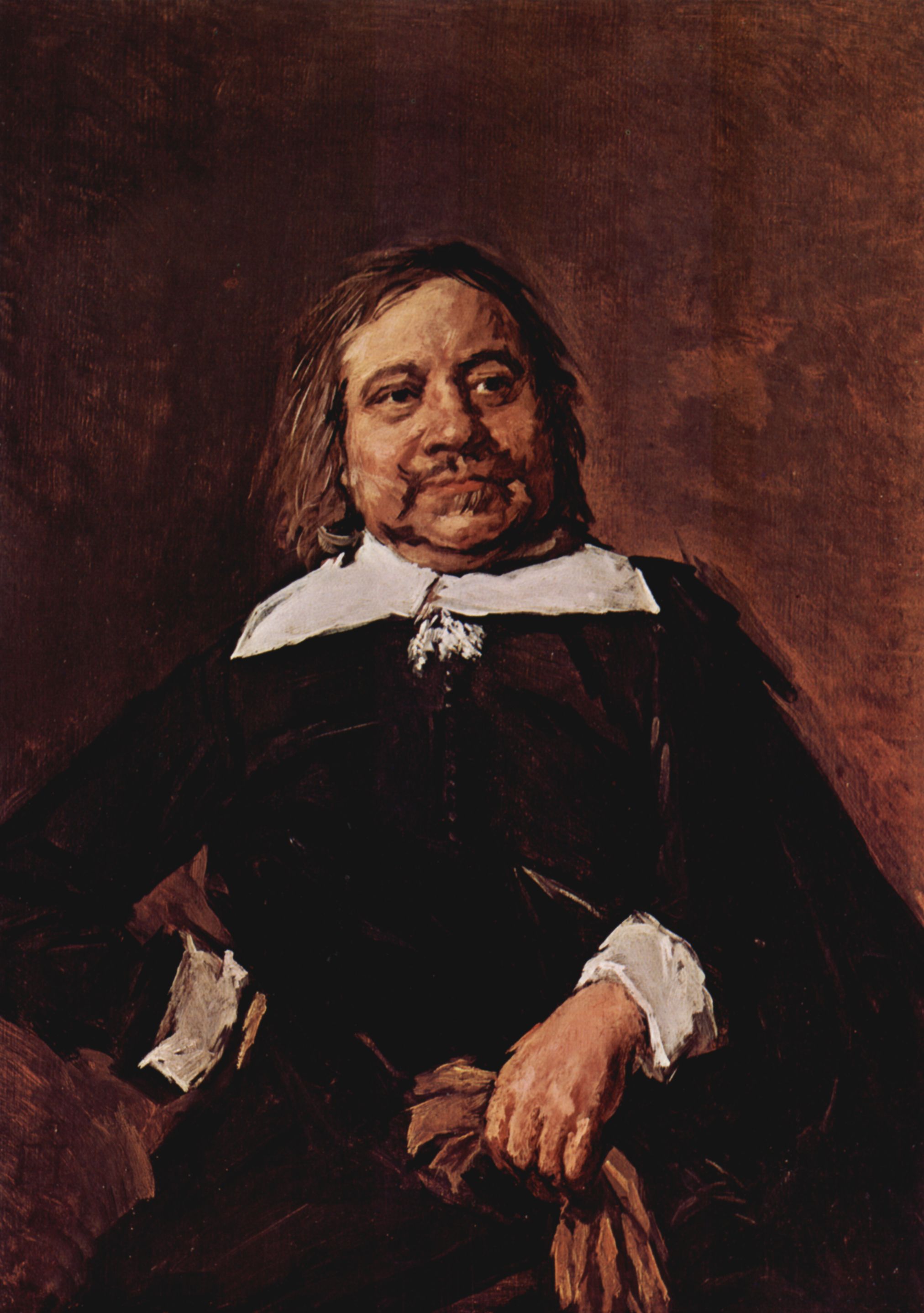 Frans Hals: Portrt eines Mannes mit Spitzkragen, in der Hfte aufgesttzter rechter Hand und Handschuhen in der linken Hand