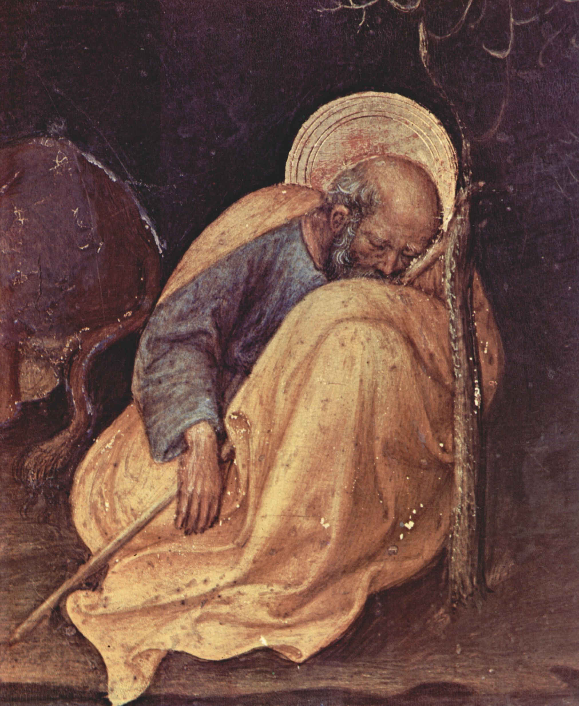 Gentile da Fabriano: Anbetung der Heiligen Drei Knige, rechte Predellatafel: Geburt Christi, Detail: schlafender Josef