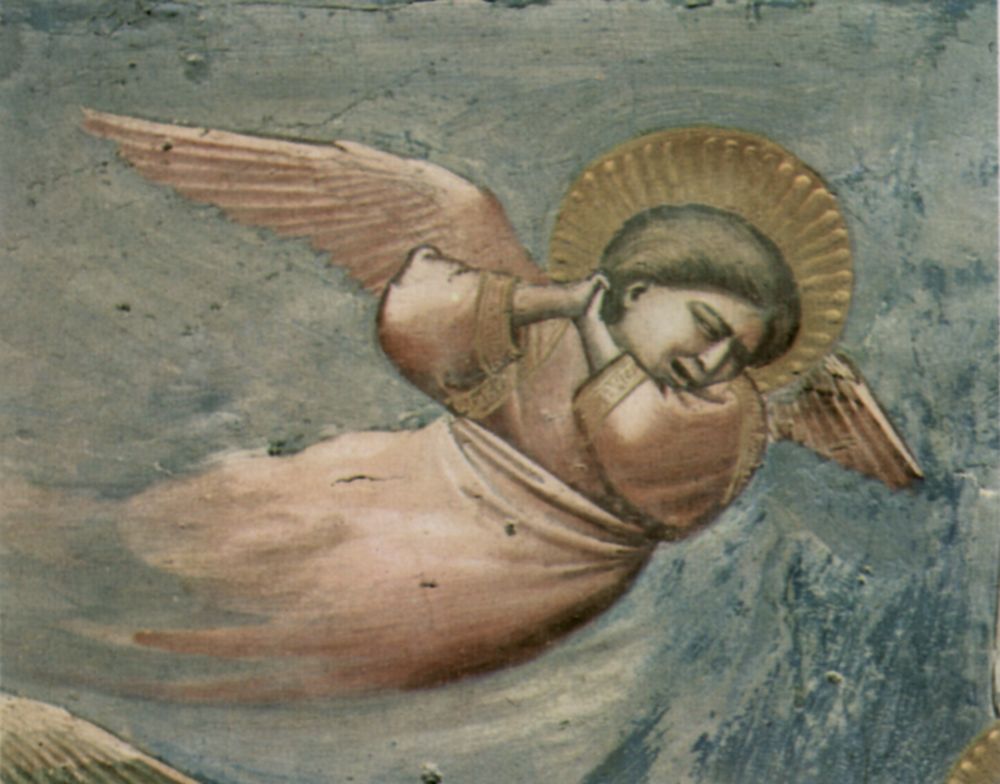 Giotto di Bondone: Freskenzyklus in der Arenakapelle in Padua (Scrovegni-Kapelle), Szene: Die Beweinung, Detail: Trauernder Engel