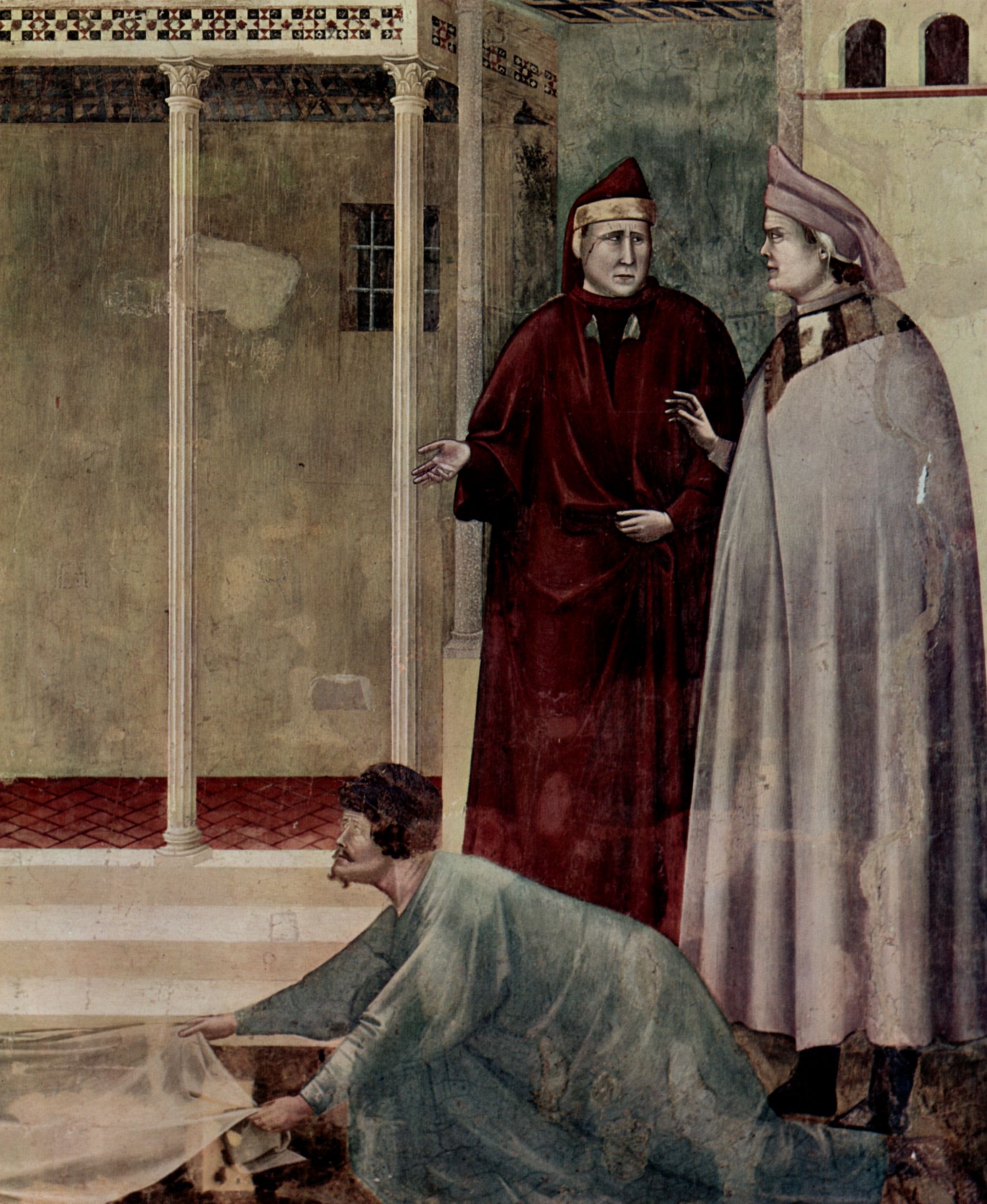 Giotto di Bondone: Freskenzyklus zum Leben des Hl. Franziskus von Assisi, Szene: Brger von Assisi breitet seinen Mantel vor dem Hl. Franziskus aus, Detail