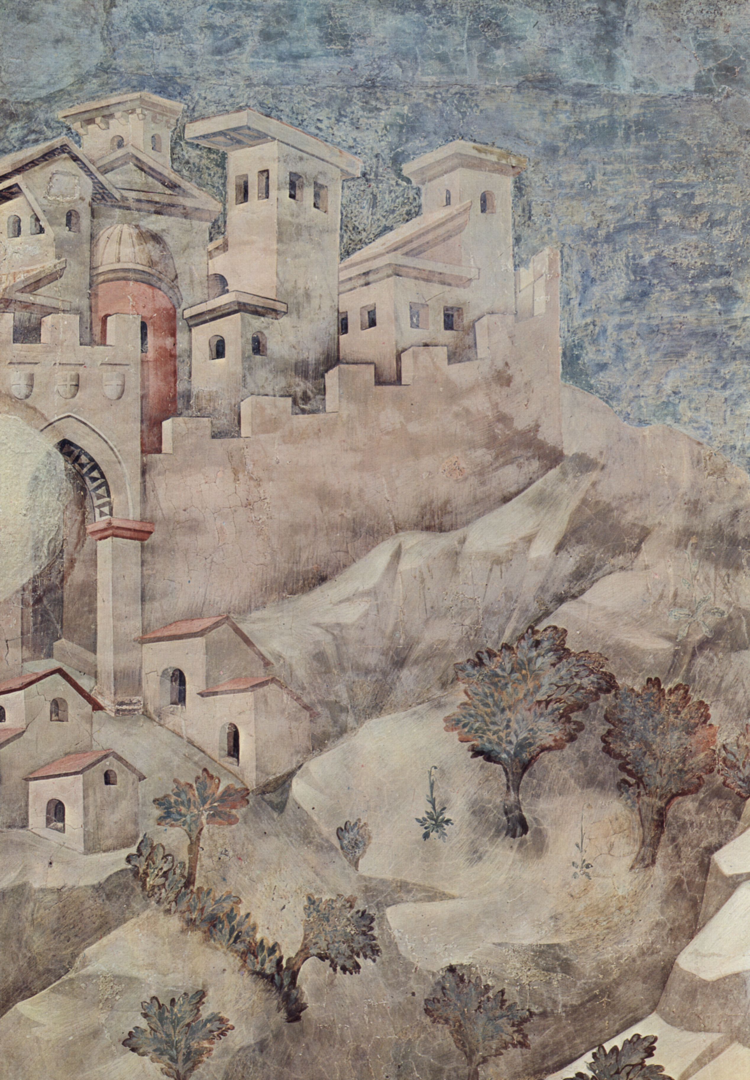 Giotto di Bondone: Freskenzyklus zum Leben des Hl. Franziskus von Assisi, Szene: Der Hl. Franziskus schenkt seinen Mantel einem verarmten Ritter, Detail: Stadtlandschaft