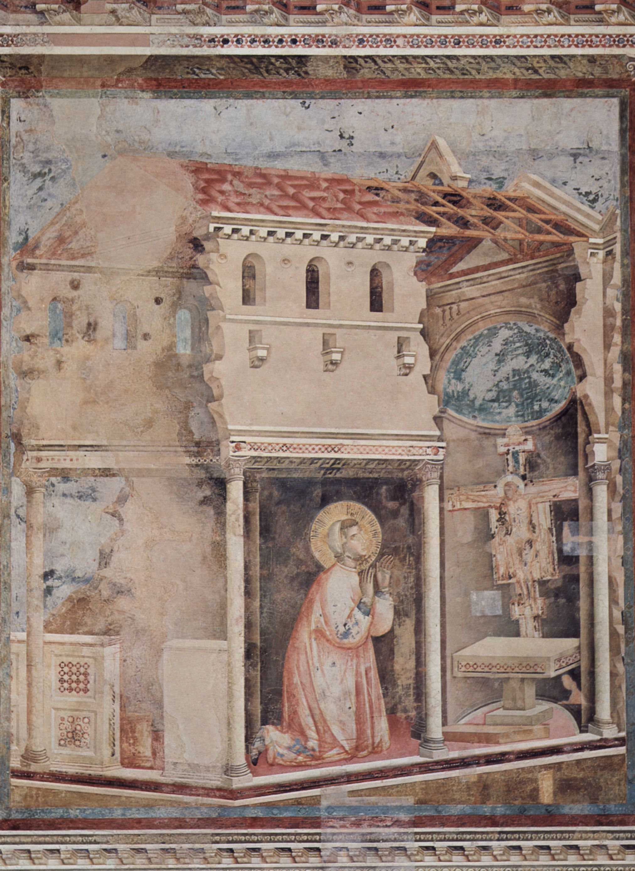 Giotto di Bondone: Freskenzyklus zum Leben des Hl. Franziskus von Assisi, Szene: Gebet des Hl. Franziskus in San Damiano (Franziskus erhlt vom Kruzifix die Weisung das zerstrte Gebude wieder aufzubauen)