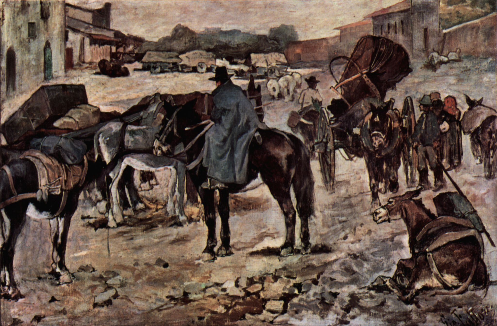 Giovanni Fattori: Dorfstrasse mit Bauern, Maultieren und Hndlern