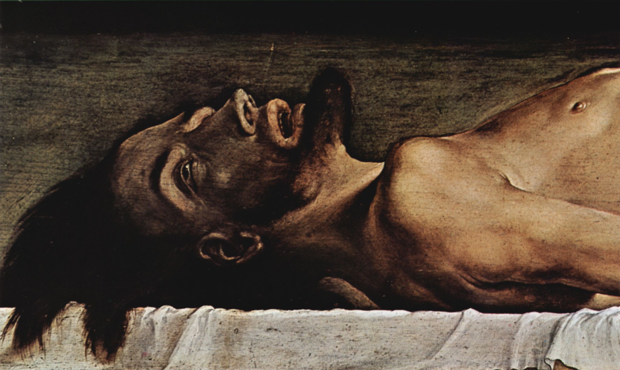 Hans Holbein d. J.: Altarretabel des Hans Oberried fr den Dom von Freiburg, Predella: Toter Christus, Detail: Gesicht Christi